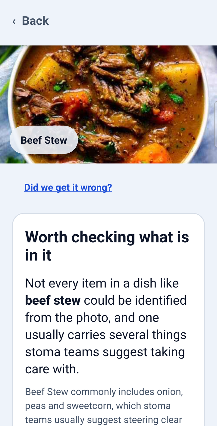 A photo of beef stew, named by the app, with what is usually said about it